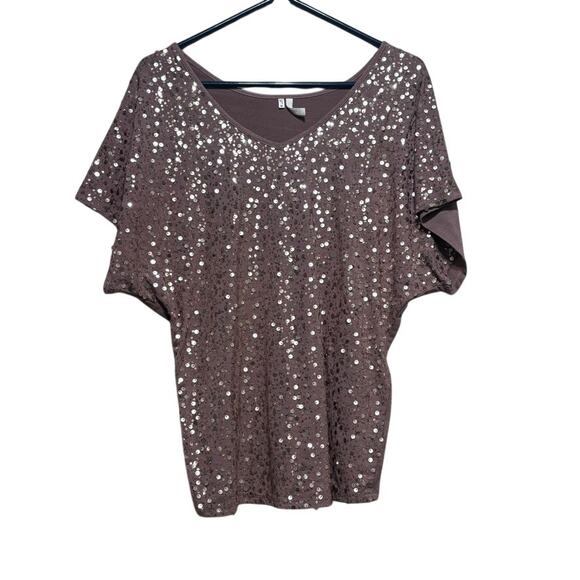Studio Y Tops - Studio Y Women's Medium Mauve Sequin V-Neck Dolman Sleeve Top Sparkly Party